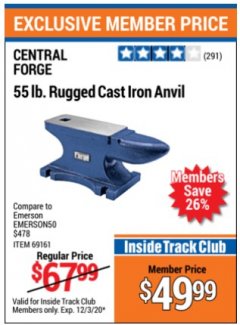Harbor Freight ITC Coupon 55 LB.RUGGED CAST IRON ANVIL Lot No. s478 Expired: 12/3/20 - $49.99