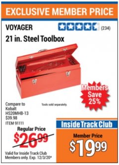 Harbor Freight ITC Coupon 21 IN. STILL TOOLBOX  Lot No. hs20mhb-13 Expired: 12/3/20 - $19.99