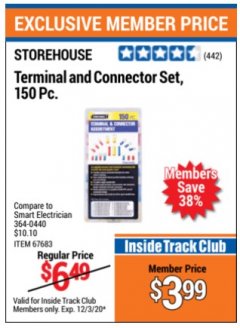 Harbor Freight ITC Coupon TERMINAL AND CONNECTER SET, 150PC Lot No. 364-0440 Expired: 12/3/20 - $3.99