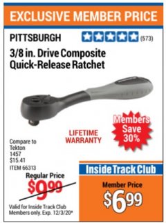 Harbor Freight ITC Coupon 3/8 IN. DRIVE COMPOSITE QUITE -RELEASE RATCHET Lot No. 1457 Expired: 12/3/20 - $6.99