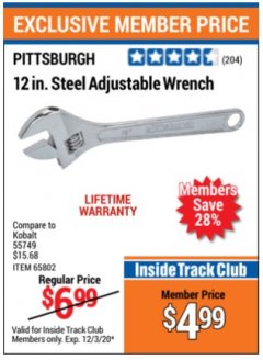 Harbor Freight ITC Coupon 12 IN. STEEL ADJUSTABLE WRENCH - PITTSBURGH Lot No. 55749 Expired: 12/3/20 - $4.99