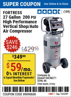 Harbor Freight Coupon FORTRESS AIR COMPRESSOR Lot No. 56403, 57254 Expired: 12/3/20 - $349.99