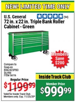 Harbor Freight Coupon US GENERAL 27 IN X 22 IN TRIPLE BANK ROLLER CABINET GREEN Lot No. 56116 Expired: 11/25/20 - $999.99