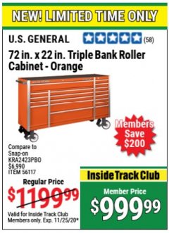 Harbor Freight Coupon US GENERAL 72 IN X 22 IN TRIPLE BANK ROLLER CABINET ORANGE Lot No. 56117 Expired: 11/25/20 - $999.99