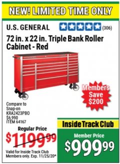 Harbor Freight Coupon US GENERAL 72 IN X 22 IN TRIPLE BANK ROLLER CABINET RED Lot No. 64167 Expired: 11/25/20 - $999.99