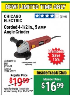 Harbor Freight ITC Coupon CORDED 4-1/2", 5 AMP ANGLE GRINDER Lot No. 60372 Expired: 11/25/20 - $16.99
