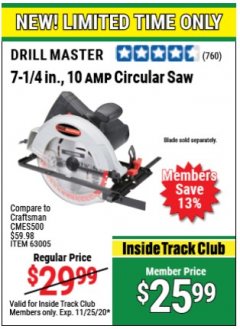 Harbor Freight ITC Coupon DRILL MASTER 7-1/4IN., 10 AMP CIRCULAR SAW Lot No. 63005 Expired: 11/25/20 - $25.99