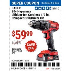 Harbor Freight Coupon BAUER 20V CORDLESS 1/2 IN. DRILL/DRIVER KIT WITH 1.5 AH BATTERY AND CHARGER Lot No. 64754/63531 Expired: 1/28/21 - $59.99