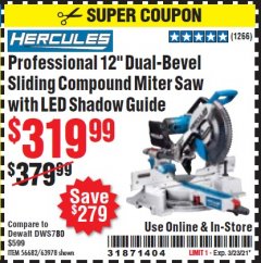 Harbor Freight Coupon HERCULES 12 IN. DUAL-BEVEL SLIDING COMPOUND MITER SAW WITH PRECISION LED SHADOW GUIDE Lot No. 56682/63978 Expired: 3/23/21 - $319.99