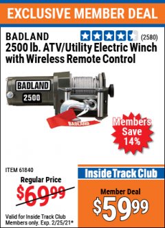 Harbor Freight ITC Coupon 2500 LB. ATV/UTILITY ELECTRIC WINCH WITH WIRELESS REMOTE CONTROL Lot No. 61297, 63476, 61840 Expired: 2/25/21 - $59.99