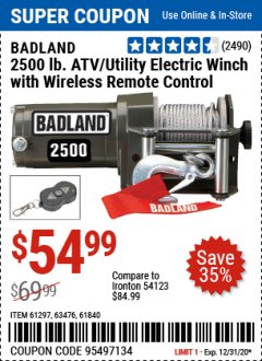 Harbor Freight Coupon 2500 LB. ATV/UTILITY ELECTRIC WINCH WITH WIRELESS REMOTE CONTROL Lot No. 61297, 63476, 61840 Expired: 12/31/20 - $54.99