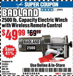 Harbor Freight Coupon 2500 LB. ATV/UTILITY ELECTRIC WINCH WITH WIRELESS REMOTE CONTROL Lot No. 61297, 63476, 61840 Expired: 2/5/21 - $49.99