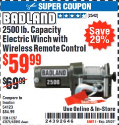 Harbor Freight Coupon 2500 LB. ATV/UTILITY ELECTRIC WINCH WITH WIRELESS REMOTE CONTROL Lot No. 61297, 63476, 61840 Expired: 2/5/21 - $59.99