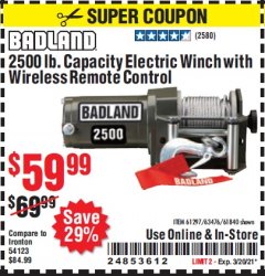 Harbor Freight Coupon 2500 LB. ATV/UTILITY ELECTRIC WINCH WITH WIRELESS REMOTE CONTROL Lot No. 61297, 63476, 61840 Expired: 3/20/21 - $59.99