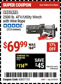 Harbor Freight Coupon 2500 LB. ATV/UTILITY ELECTRIC WINCH WITH WIRELESS REMOTE CONTROL Lot No. 61297, 63476, 61840 Expired: 6/19/22 - $69.99