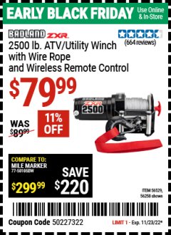 Harbor Freight Coupon 2500 LB. ATV/UTILITY ELECTRIC WINCH WITH WIRELESS REMOTE CONTROL Lot No. 61297, 63476, 61840 Expired: 11/23/21 - $79.99