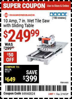 Harbor Freight Coupon DIAMONDBACK 7 IN. SLIDING TABLE WET TILE SAW Lot No. 64683 Expired: 2/18/24 - $249.99