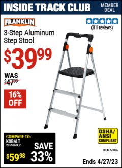 Harbor Freight ITC Coupon FRANKLIN 3 STEP ALUMINUM STEP STOOL Lot No. 56896 Expired: 4/27/23 - $39.99