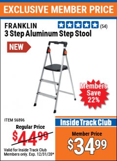 Harbor Freight ITC Coupon FRANKLIN 3 STEP ALUMINUM STEP STOOL Lot No. 56896 Expired: 12/31/20 - $34.99