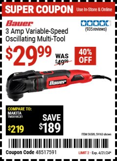 Harbor Freight Coupon BAUER 3 AMP VARIABLE SPEED OSCILLATING MULTI-TOOL Lot No. 56509 Expired: 4/21/24 - $29.99