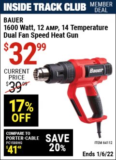 Harbor Freight ITC Coupon BAUER 1600 WATT, 12 AMP, 14-TEMPERATURE DUAL-SPEED HEAT GUN Lot No. 64112 Expired: 1/6/22 - $32.99