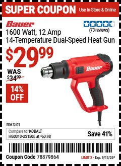 Harbor Freight Coupon BAUER 1600 WATT, 12 AMP, 14-TEMPERATURE DUAL-SPEED HEAT GUN Lot No. 64112 Expired: 9/13/26 - $29.99