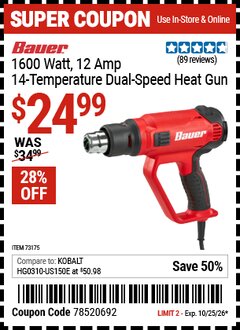 Harbor Freight Coupon BAUER 1600 WATT, 12 AMP, 14-TEMPERATURE DUAL-SPEED HEAT GUN Lot No. 64112 Valid Thru: 10/25/26 - $24.99