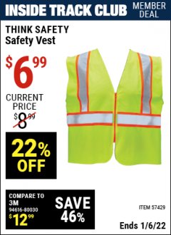 Harbor Freight ITC Coupon THINK SAFETY SAFETY VEST Lot No. 57429 Expired: 1/6/22 - $6.99