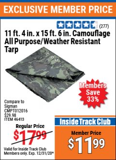 Harbor Freight ITC Coupon 11 FT 4 IN X 15 FT 6 IN CAMOUFLAGE TARP Lot No. 46413 Expired: 12/31/20 - $11.99