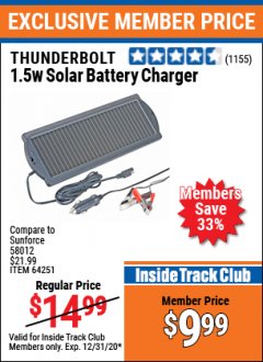 Harbor Freight ITC Coupon THUNDERBOLT 1.5W SOLAR BATTERY CHARGER Lot No. 64251 Expired: 12/31/20 - $9.99