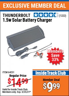 Harbor Freight ITC Coupon THUNDERBOLT 1.5W SOLAR BATTERY CHARGER Lot No. 64251 Expired: 3/25/21 - $9.99