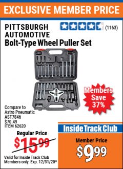 Harbor Freight ITC Coupon PITTSBURGH BOLT-TYPE WHEEL PULLER SET Lot No. 62620 Expired: 12/31/20 - $9.99