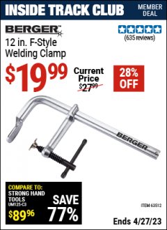 Harbor Freight ITC Coupon BERGER 12IN. F-STYLE WELDING CLAMP Lot No. 63512 Expired: 4/27/23 - $19.99