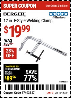 Harbor Freight Coupon BERGER 12IN. F-STYLE WELDING CLAMP Lot No. 63512 Expired: 10/13/22 - $19.99