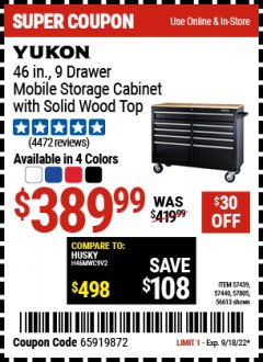 Harbor Freight Coupon YUKON 46 IN 9 DRAWER MOBILE STORAGE CABINET WITH SOLID WOOD TOP Lot No. 57440 Expired: 1/6/22 - $389.99