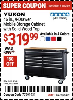 Harbor Freight Coupon YUKON 46 IN 9 DRAWER MOBILE STORAGE CABINET WITH SOLID WOOD TOP Lot No. 57440 Expired: 10/29/23 - $319.99