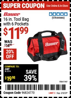 Harbor Freight Coupon BAUER 16" TOOL BAG WITH 6 POCKETS Lot No. 57487 Expired: 2/5/23 - $11.99