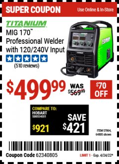 Harbor Freight Coupon TITANIUM MIG 140 & MIG 170 WELDERS Lot No. 64804/64805 Expired: 4/22/22 - $499.99