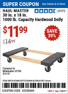 Harbor Freight Coupon HAUL-MASTER 30 IN. X 18 IN. 1000 LB CAPACITY HARDWOOD DOLLY Lot No. 38970/92486/39757/60496/62398/61897 Expired: 1/28/21 - $11.99