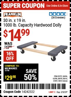 Harbor Freight Coupon HAUL-MASTER 30 IN. X 18 IN. 1000 LB CAPACITY HARDWOOD DOLLY Lot No. 38970/92486/39757/60496/62398/61897 Expired: 2/5/23 - $14.99