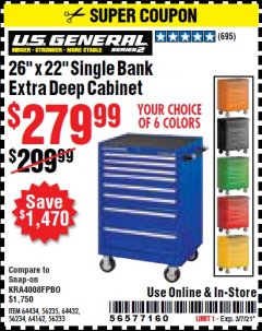 Harbor Freight Coupon U.S. GENERAL 26 IN. X 22 IN. SINGLE BANK ROLLER CABINET Lot No. 64434/56234/64162/56235/56233 Expired: 3/7/21 - $279.99
