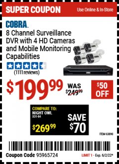Harbor Freight Coupon COBRA 8 CHANNEL SURVEILLANCE DVD WITH 4 HD CAMERAS AND MOBILE MONITORING CAPABILITIES Lot No. 63890 Expired: 6/2/22 - $199.99