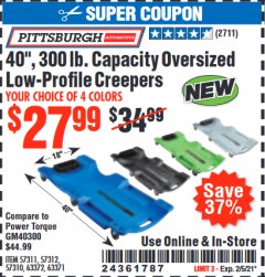 Harbor Freight Coupon PITTSBURGH  AUTOMOTIVE 40 IN., 300 LB. CAPACITY LOW PROFILE CREEPERS Lot No. 57311/57312/57310/63372/63371 Expired: 2/5/21 - $27.99