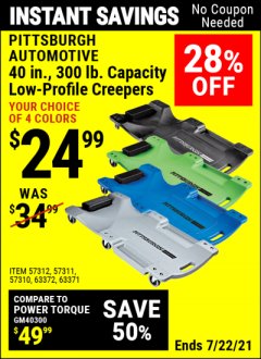Harbor Freight Coupon PITTSBURGH  AUTOMOTIVE 40 IN., 300 LB. CAPACITY LOW PROFILE CREEPERS Lot No. 57311/57312/57310/63372/63371 Expired: 7/22/21 - $24.99