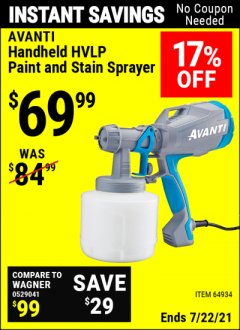 Harbor Freight Coupon AVANTI HANDHELD HVLP PAINT AND STAIN SPRAYER Lot No. 64934 Expired: 7/22/21 - $69.99