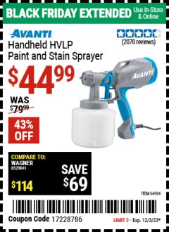 Harbor Freight Coupon AVANTI HANDHELD HVLP PAINT AND STAIN SPRAYER Lot No. 64934 Expired: 12/3/23 - $44.99