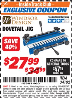 Harbor Freight ITC Coupon DOVETAIL JIG / MACHINE Lot No. 34102 Expired: 4/30/19 - $27.99