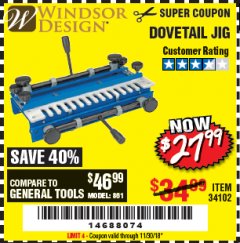 Harbor Freight Coupon DOVETAIL JIG / MACHINE Lot No. 34102 Expired: 11/30/18 - $27.99