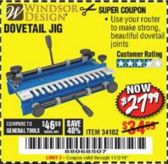 Harbor Freight Coupon DOVETAIL JIG / MACHINE Lot No. 34102 Expired: 11/3/18 - $27.99