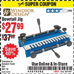 Harbor Freight Coupon DOVETAIL JIG / MACHINE Lot No. 34102 Expired: 9/21/20 - $27.99